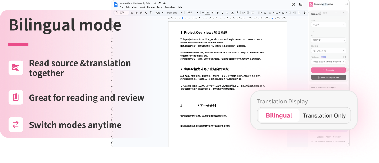 Bilingual mode view for reviewing source and translation together