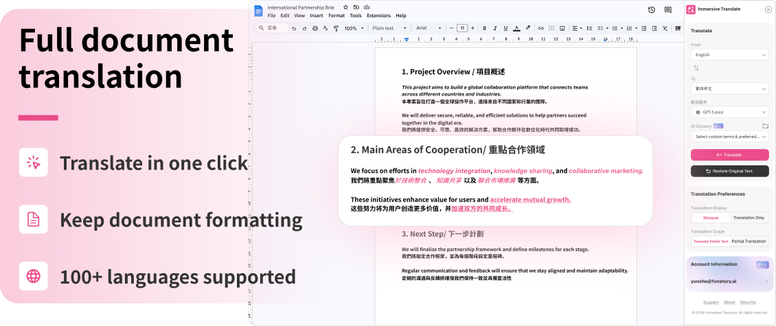 Full document translation inside Google Docs